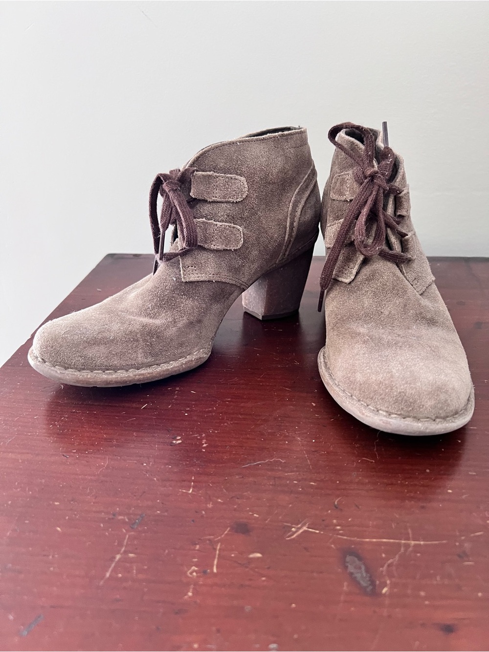 Clark’s Suede Taupe Lace-up Ankle Boot with strong heel